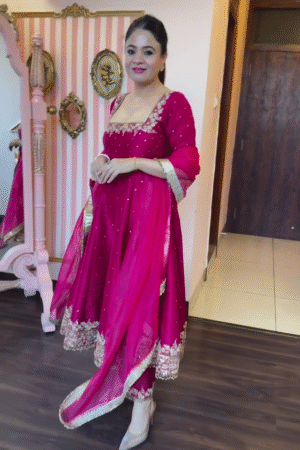 Graceful Rani Pink Color Chinon Embroidery Lace Work Gown